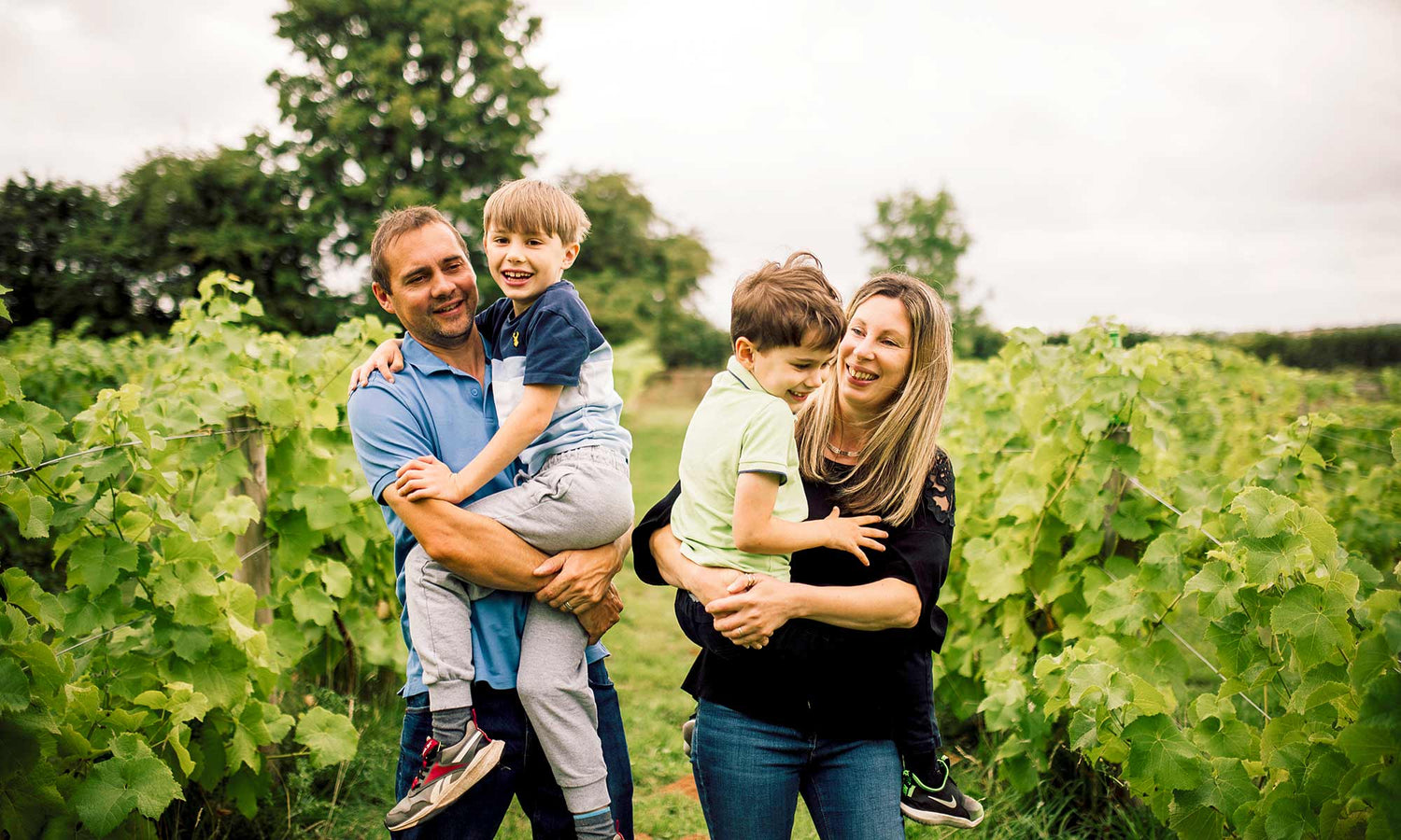 Family of four standing in a vineyard